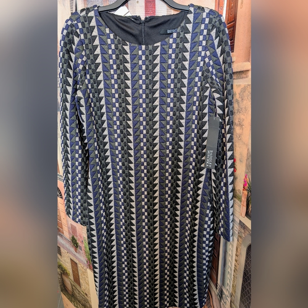 Badgley Mischka Black and Blue Geometric Midi Dress
